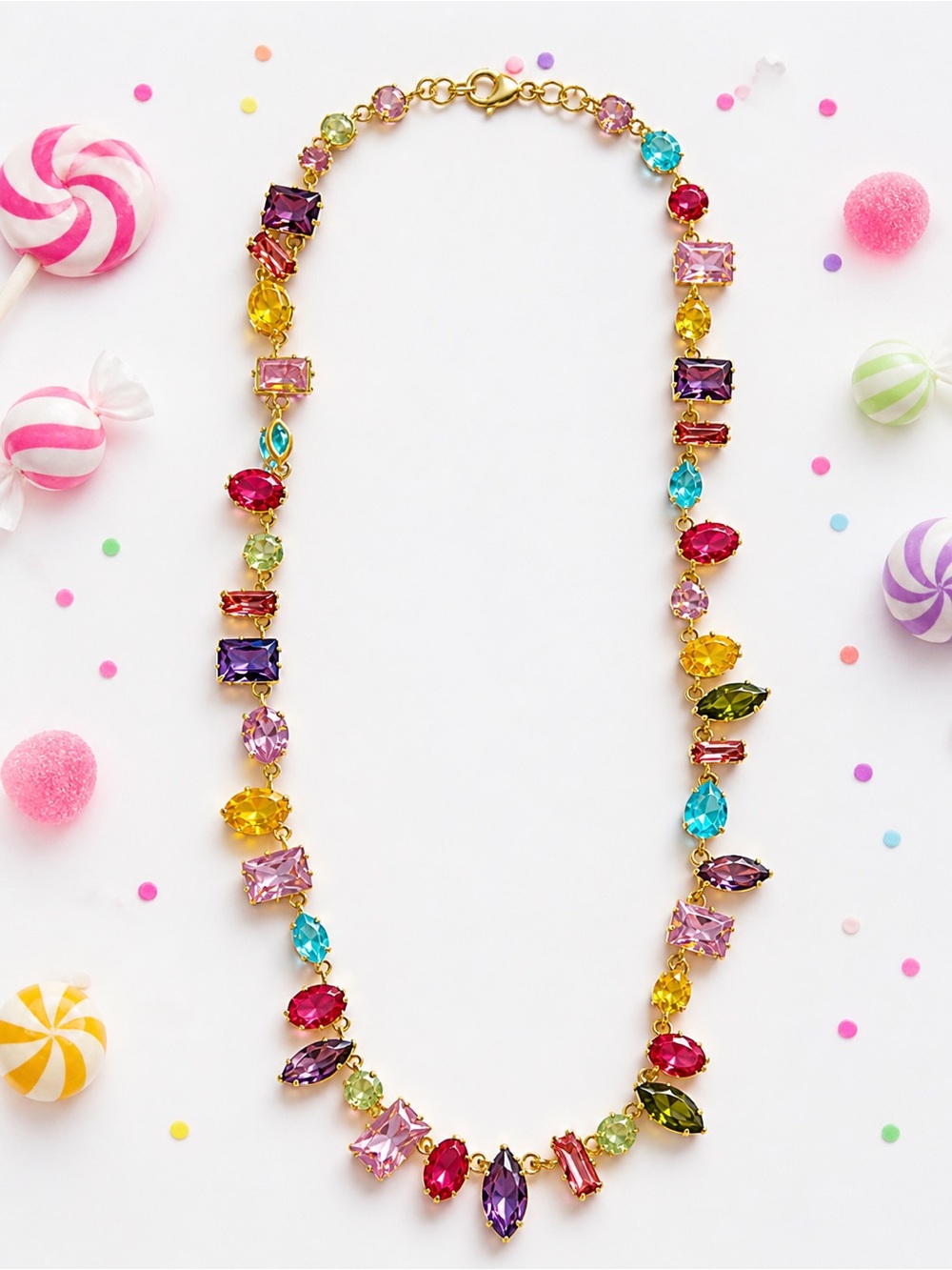 FREE Bundle Accent Piece w 2+ Items– Colorful Gemstone Necklace Gold Multi Shape